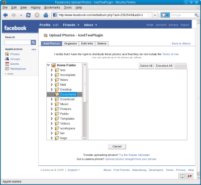 IcedTeaPlugin running the Facebook photo uploader applet.