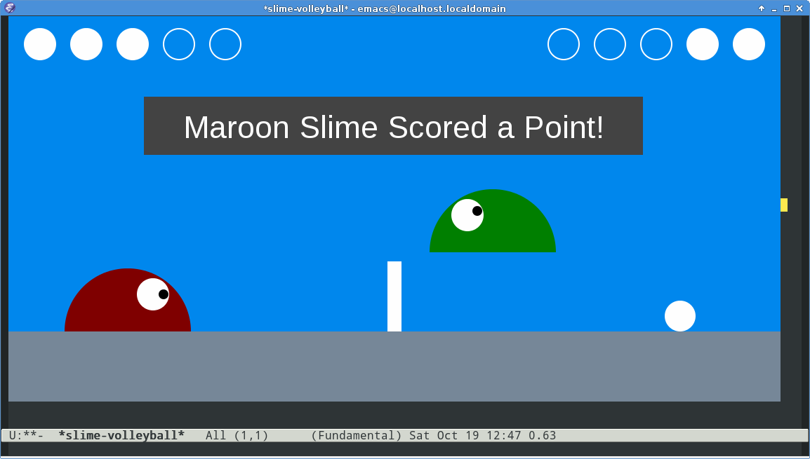 Emacs Slime Volleyball Screenshot -- Scoring a Point